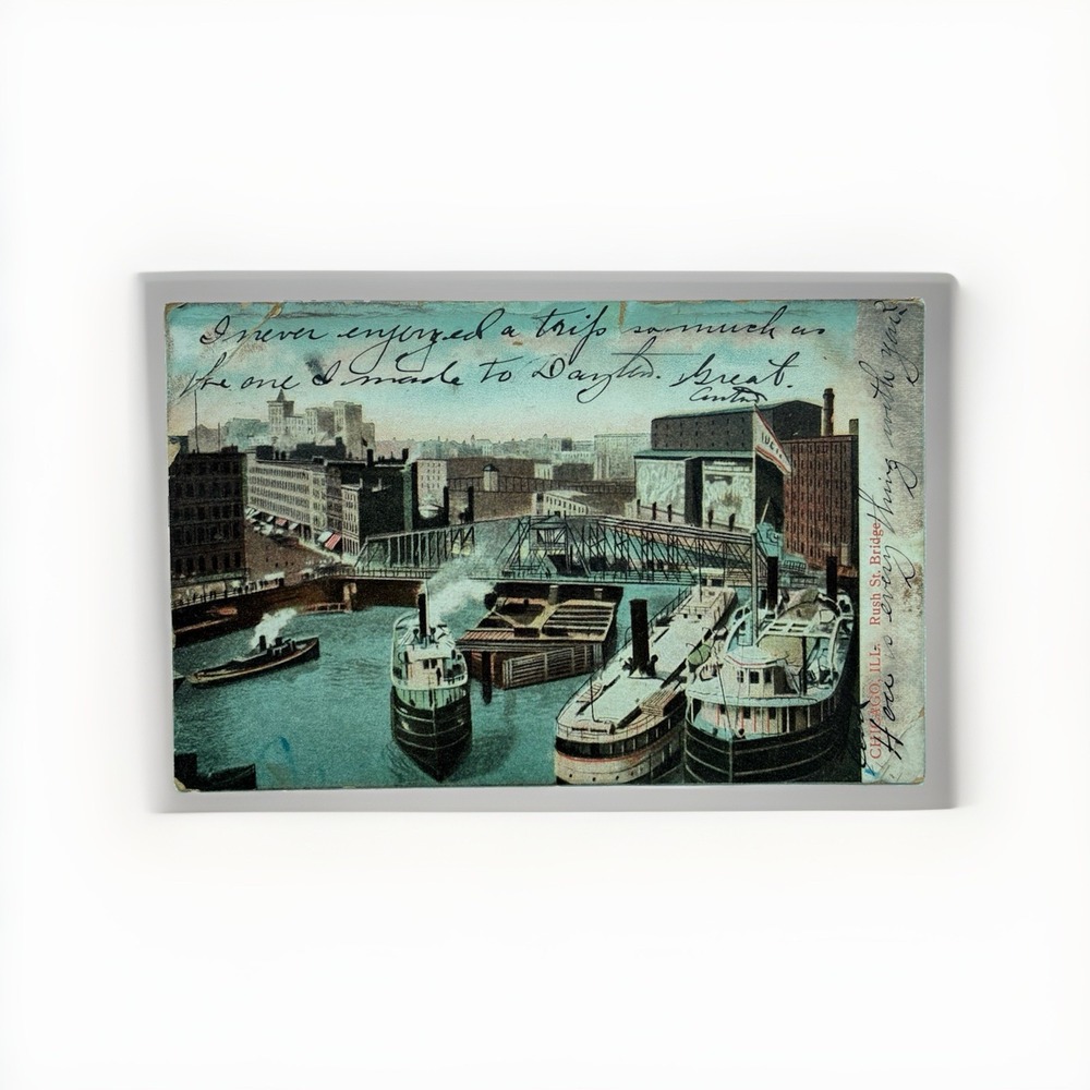 1908 VTG Postcard Rush Street Bridge with 4 Ferry Boats Chicago Illinois IL